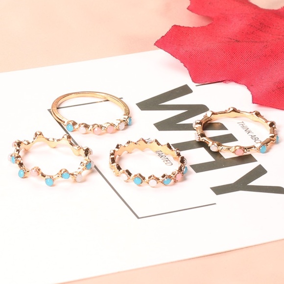 Pastel Colorful Stone Beads 4-piece Gold Ring Set - Picture 4 of 6